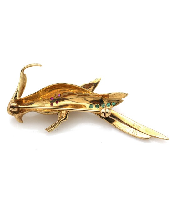 Ruby, Emerald, and Sapphire Cockatiel Pin in Yellow Gold